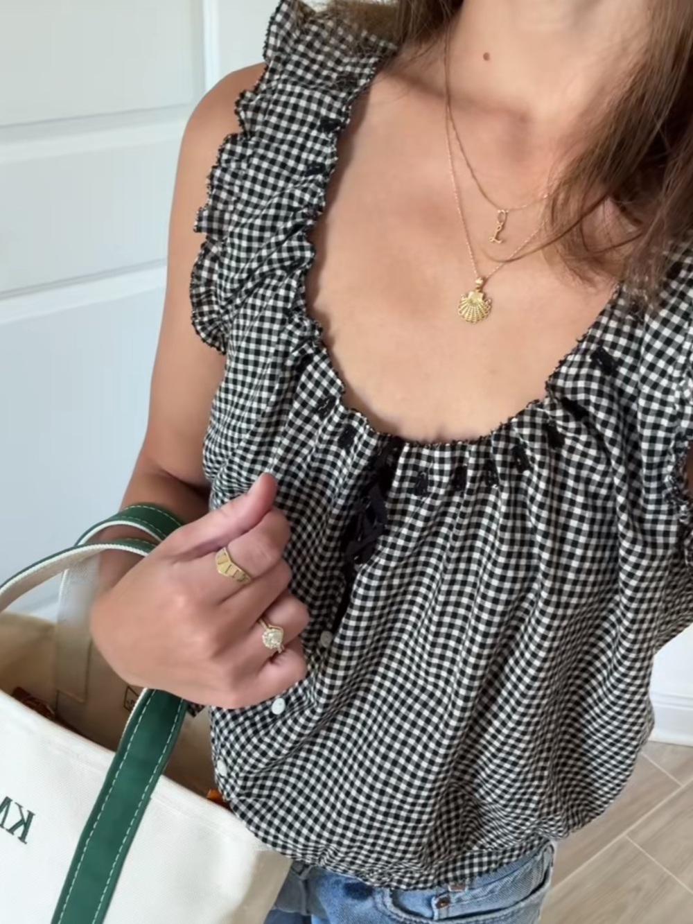 Doen Traveler Cotton Ribbon Tie Button Crop Top La Maddalena Gingham Black White